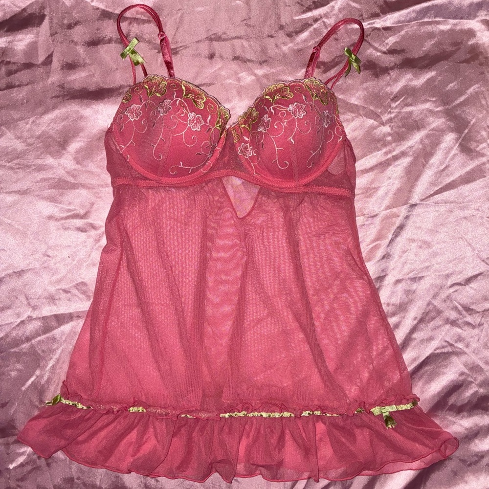 Y2K Pink and green Lace sheer Babydoll Lingerie with bows